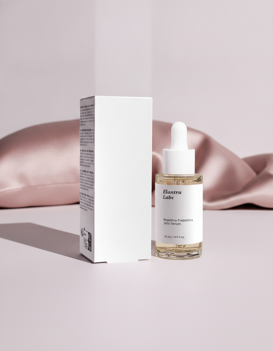 Bioactive Prebiotics Jelly Serum in its packaging on a pale mauve surface, with soft lighting and blurred dusty rose fabric i