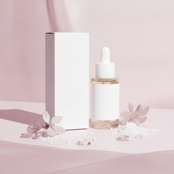 Bioactive Prebiotics Jelly Serum bottle stands upright, surrounded by white sugar crystals and translucent botanical extracts