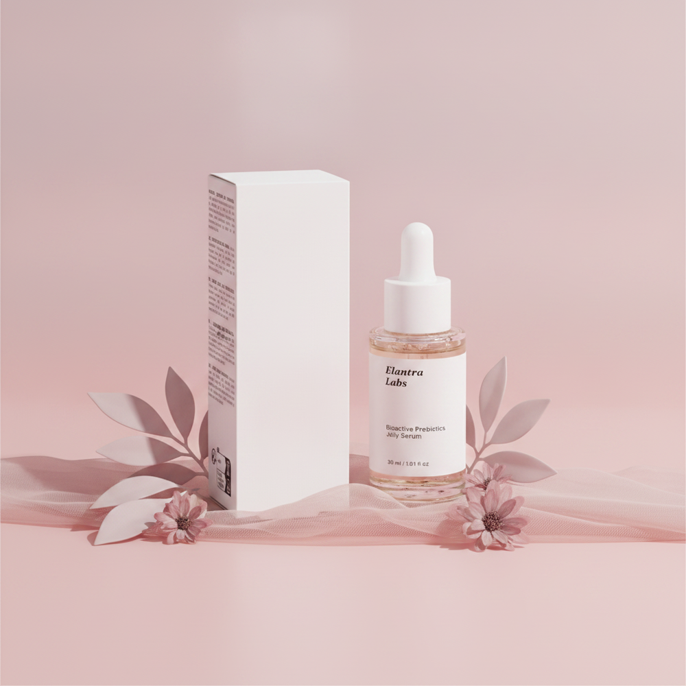 "Bioactive Prebiotics Jelly Serum" bottle, centered on a soft gradient background in pale mauve and blush pink.
