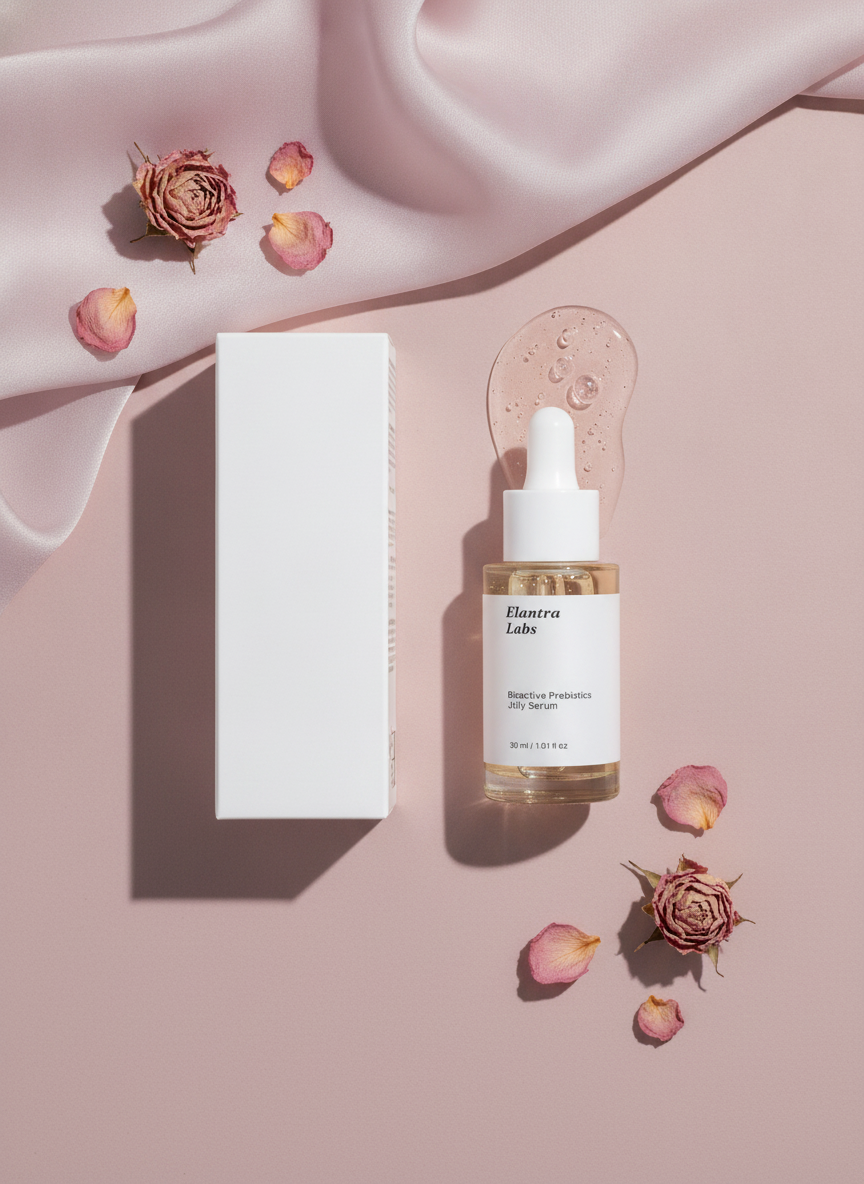 Flat-lay of a 'Bioactive Prebiotics Jelly Serum' bottle on a pale mauve and dusty rose background, with a small amount of cle