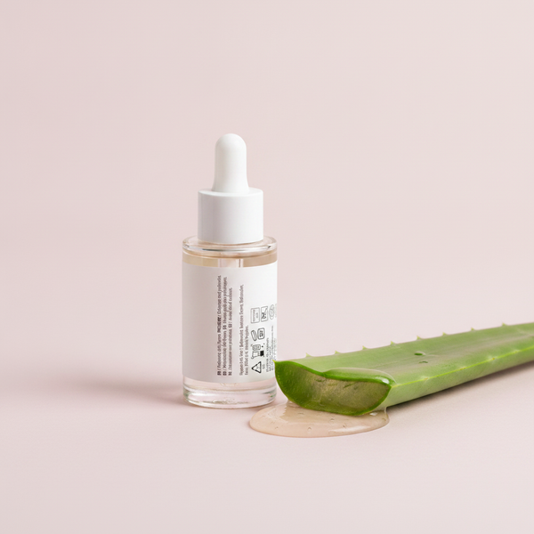 Close-up studio photograph of Bioactive Prebiotics Jelly Serum bottle next to a freshly cut aloe vera leaf on a pale mauve su