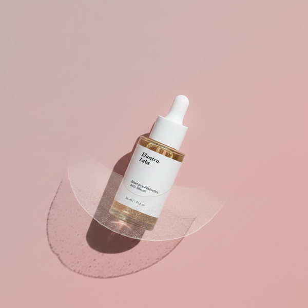 A Bioactive Prebiotics Jelly Serum bottle on a pale mauve surface, with a subtle, shimmering veil of moisture above the skin,