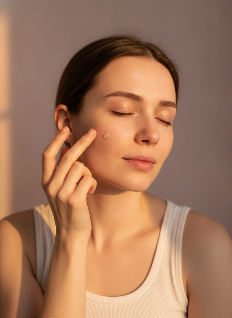 A person gently applies a clear, gel-like serum to their cheek with their fingertips during a calming evening skincare routin