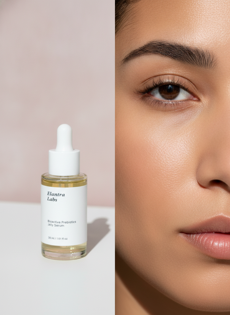 Side-by-side comparison of a person's skin, showing before and after using Bioactive Prebiotics Jelly Serum. The "before" sid