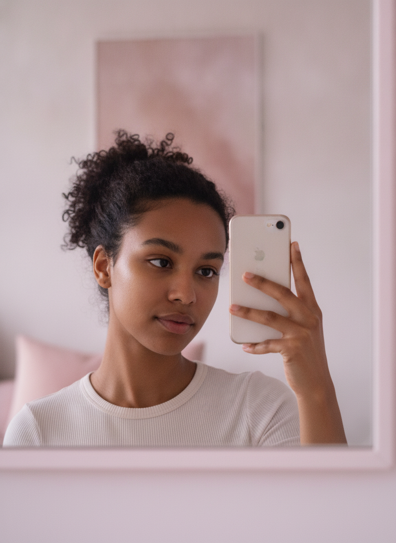 A person with clear, calm skin takes a morning mirror selfie, subtly holding the Bioactive Prebiotics Jelly Serum.